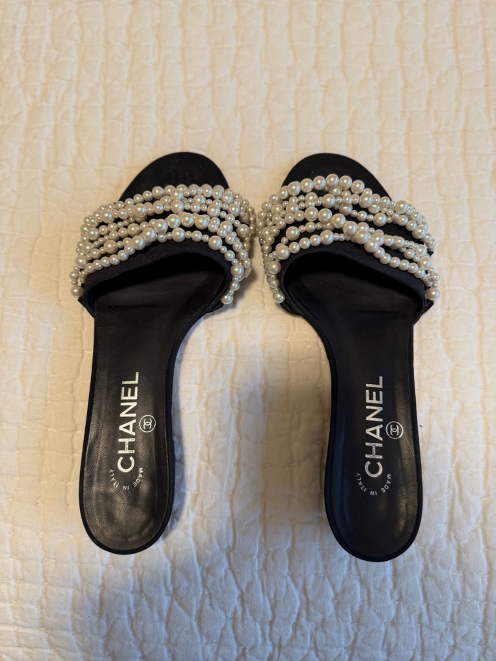 CHANEL Black Slide with Pearl-Strand Embellishment